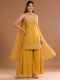 Round Neck Embroidered Kurta Set Featuring Zari And Sequin Work With Flared Palazzo And Embellished Dupatta