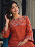Red Ethnic Kurta Featuring Embroidered Yoke Detailing With Mirror.