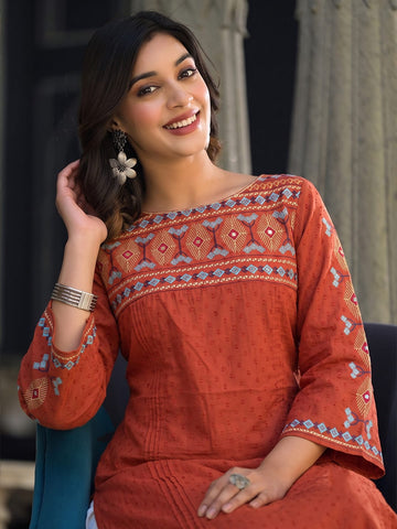Red Ethnic Kurta Featuring Embroidered Yoke Detailing With Mirror.