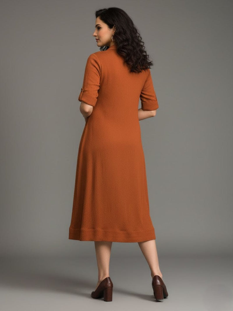 Varanga Women Beige Shirt Collar A Line Dress