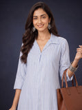 Women Blue Striped Shirt Collar Kurta Set