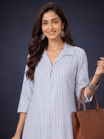 Women Blue Striped Shirt Collar Kurta Set