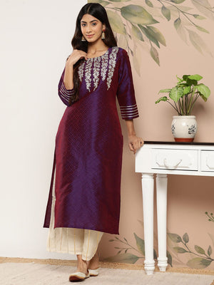 Varanga Women purple And Gold Toned Woven Design Embroidered Jacquard Kurta
