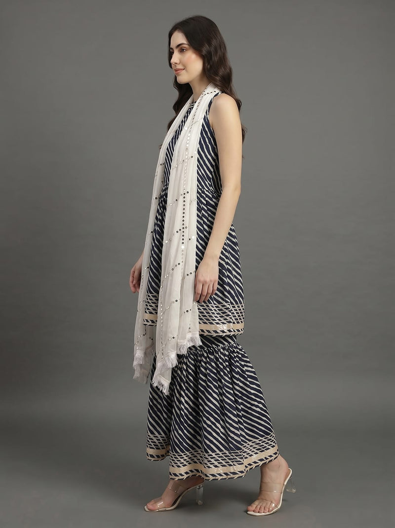 Blue And White Leheriya Halter Neckline Gota Work Kurta With Sharara And Sequins Emebllished Dupatta