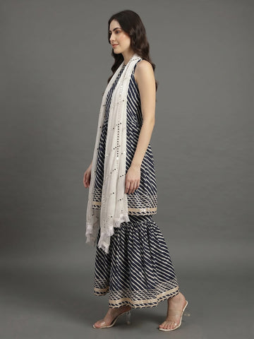 Blue And White Leheriya Halter Neckline Gota Work Kurta With Sharara And Sequins Emebllished Dupatta