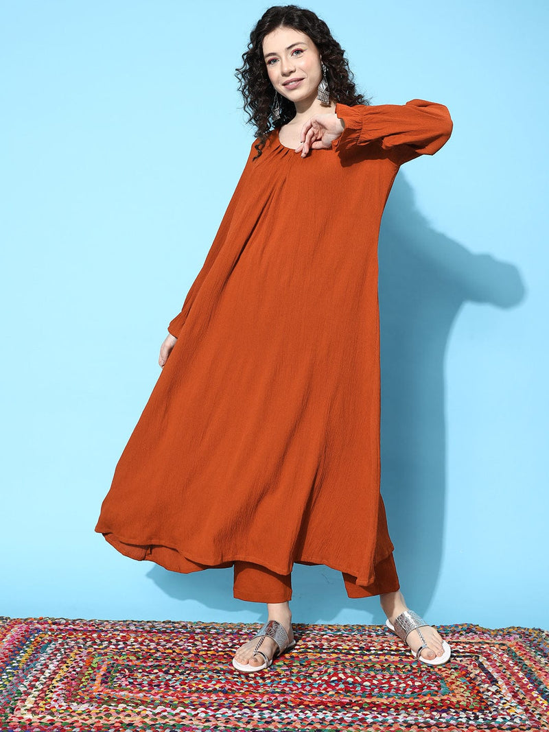 Varanga Women Rust Solid Empire Kurta with Trousers