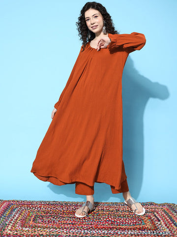 Varanga Women Rust Solid Empire Kurta with Trousers