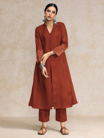 Black Mandarin Witn V Neck Anarkali Front Slit Detailing With Trouser