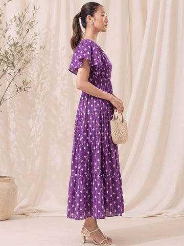 Women's Purple Ethnic Print Tiered Maxi Dress With Flutter Sleeves
