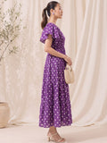 Women's Purple Ethnic Print Tiered Maxi Dress With Flutter Sleeves