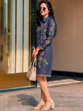 Blue Embroidered Shirt Dress Featuring Vibrant Floral Threadwork