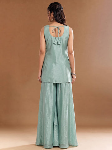 Women's Embroidered Shimmer Short Kurta With Palazzo And Dupatta