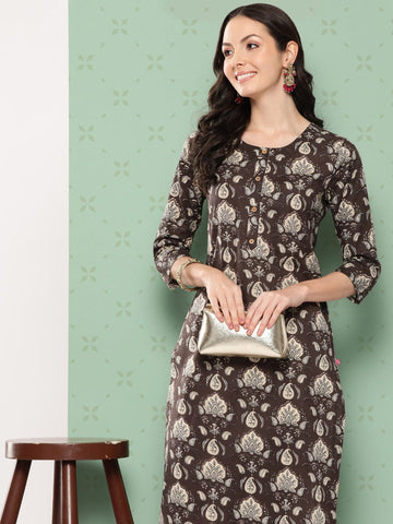 Varanga Women Grey Floral Printed Straight Kurta With Three Quarter Sleeves
