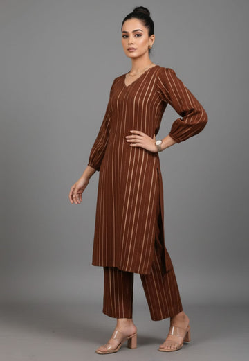 Varanga Women Brown Lurex A- Line Kurta With Trousers
