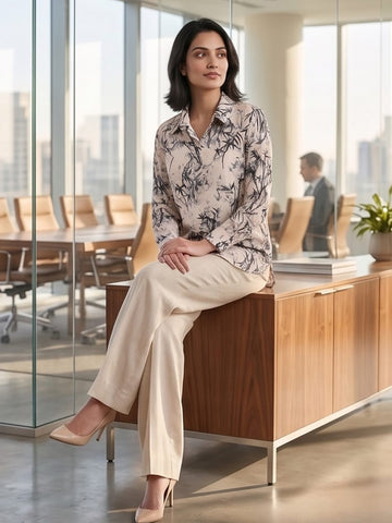 Cream Coloured Slim Collar Long Sleeves Floral Shirt