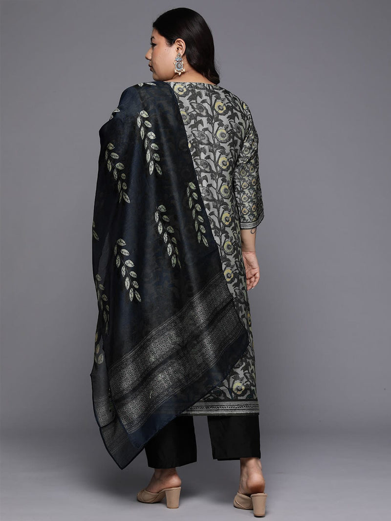 Varanga Women Grey Floral Printed Round Neck Straight Kurta Paired With Bottom And Printed Dupatta.