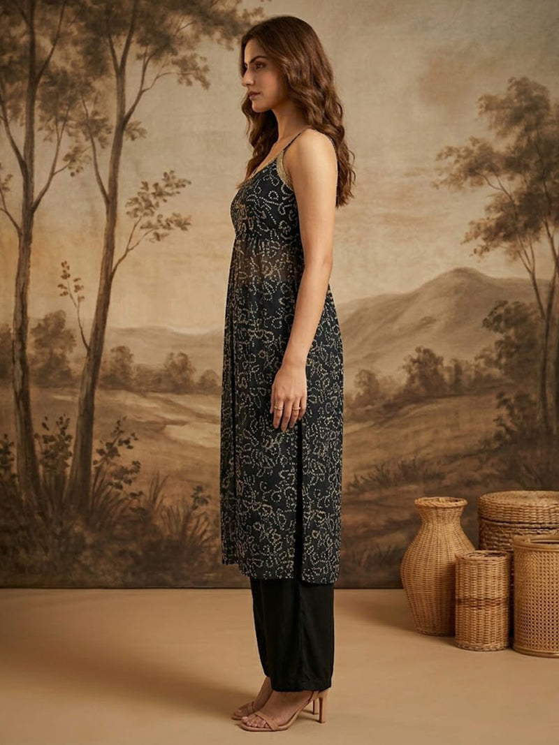 Midnight Bandhani High-Slit Kurta & Palazzo Set With Front High Slit Cut