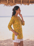 Mustard Yellow Botanical Print Notch-Neck Short Kurta