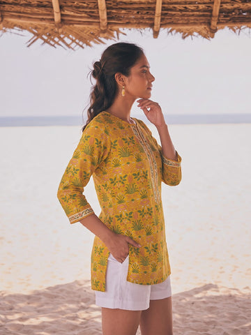 Mustard Yellow Botanical Print Notch-Neck Short Kurta