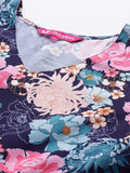 KSUT navy blue floral print puff sleeves tiered a line dress