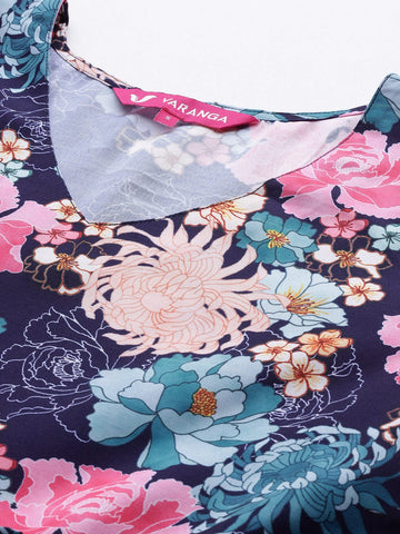 KSUT navy blue floral print puff sleeves tiered a line dress