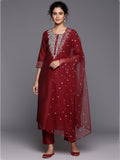 Varanga Women Red Embroidered Kurta With Tonal Trouser And Printed Dupattta