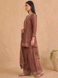 Embroidered Brown Kurta Set With Palazzo And Dupatta.