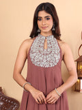 Varanga Women Nude Yoke Embroidered Sleeveless Flared Kurta With Trousers.