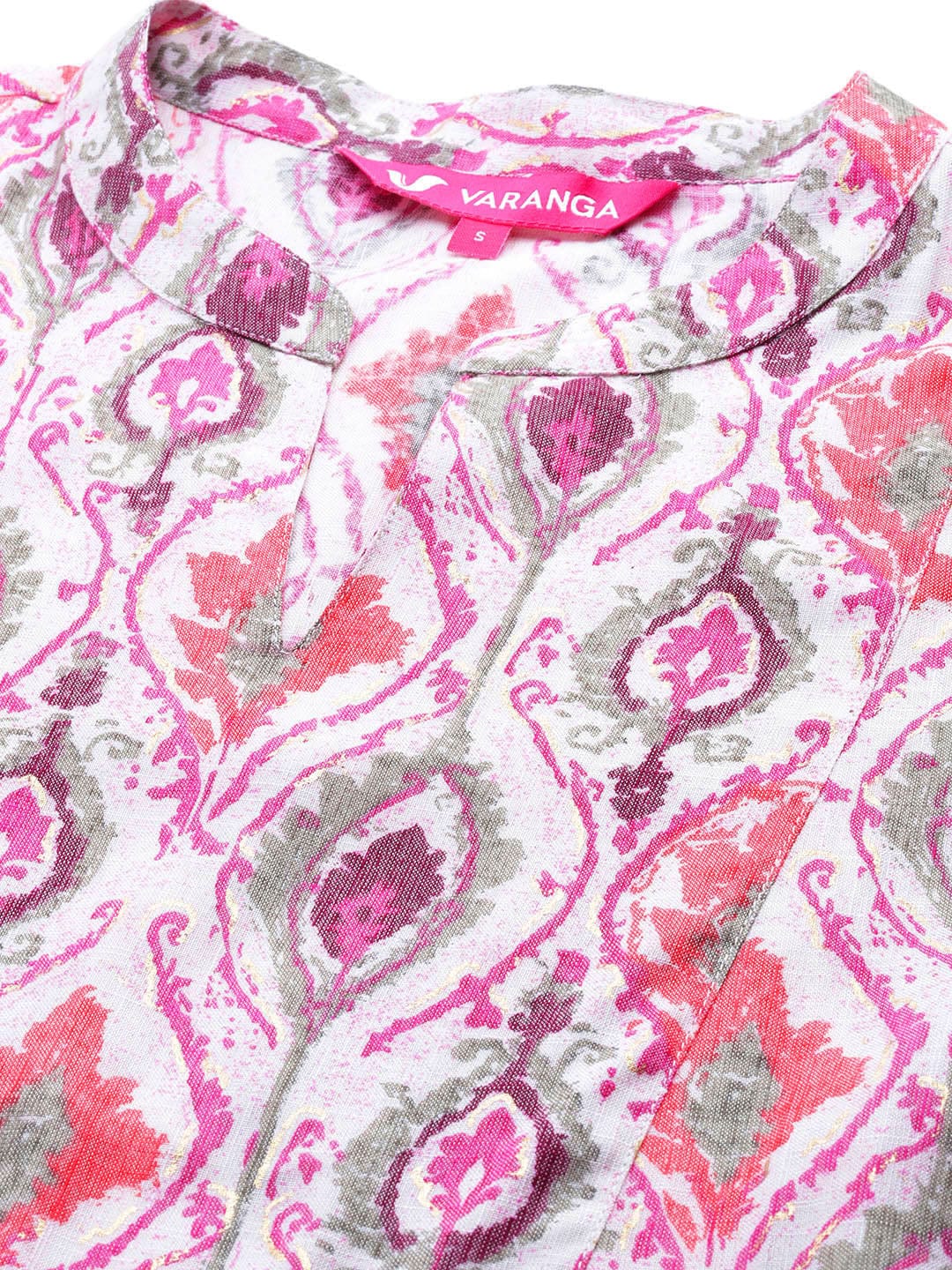 Varanga Pink ikat printed mandarin collar gathered details a-line kurta