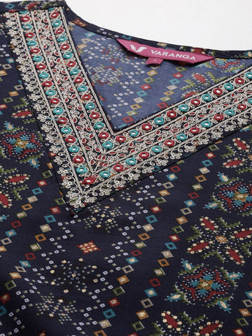 Varanga Women Blue Printed Embroidered Kurta With Bottom And Dupatta