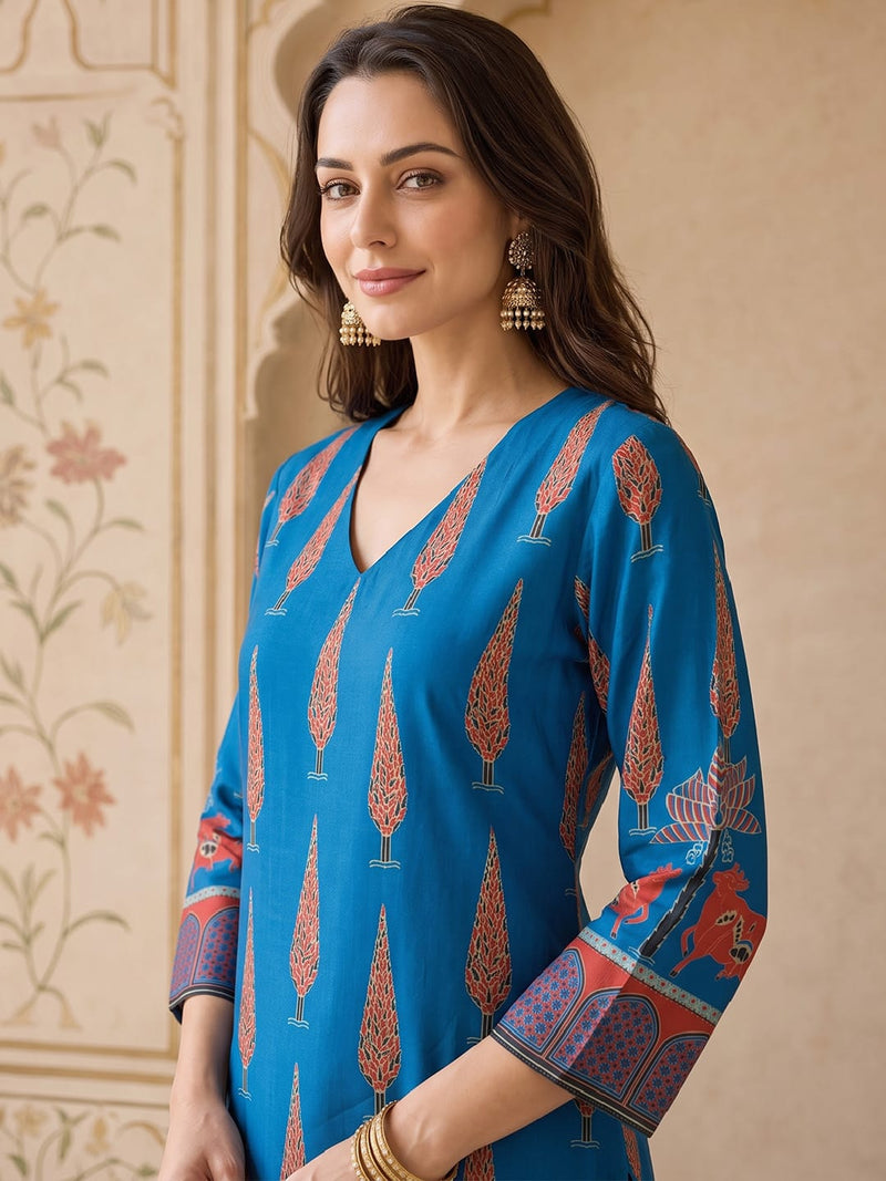 Women Blue Ethnic Printed Kurta With Trousers