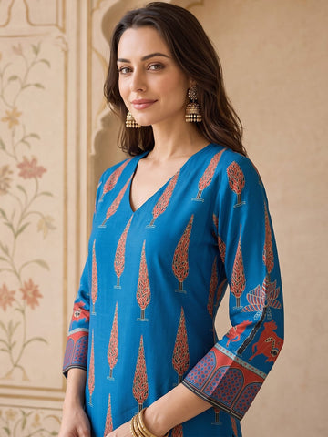 Women Blue Ethnic Printed Kurta With Trousers