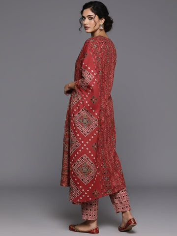 Varanga Women Red Printed V-Neck Embroidered Kurta With Bottom And Dupatta
