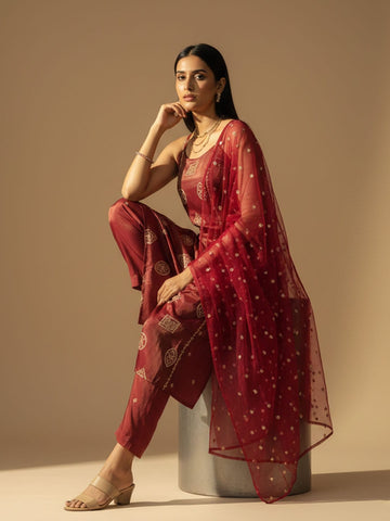All Over Embroidered Halter Neck Kurta Set With Dupatta
