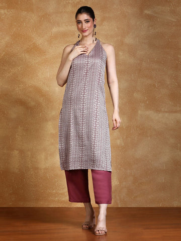 Varanga Women Mauve Woven Design Sleeveless Kurta, Paired With Solid Bottom.