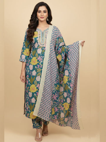 Soft Teal Botanical Print Suit set