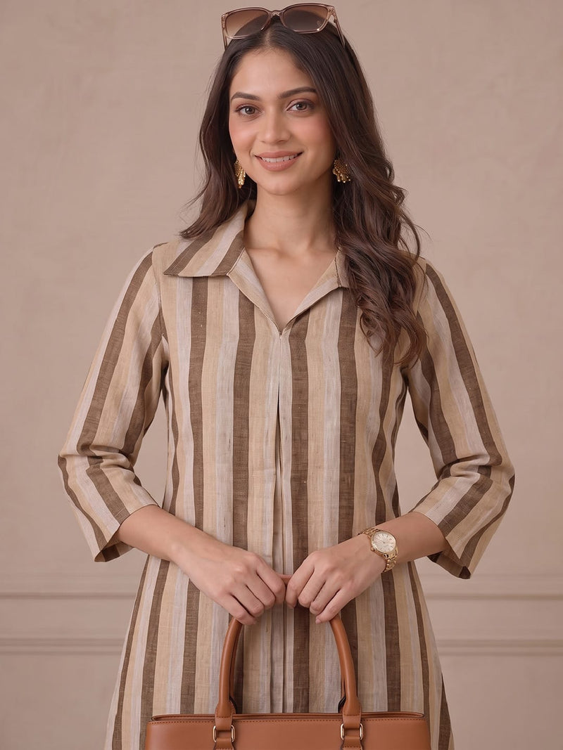 Women Brown Striped Shirt Collar Kurta Set