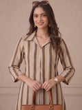 Women Brown Striped Shirt Collar Kurta Set