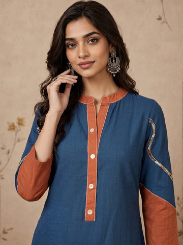 Blue Kurta Set With Vibrant Contrast Detailing