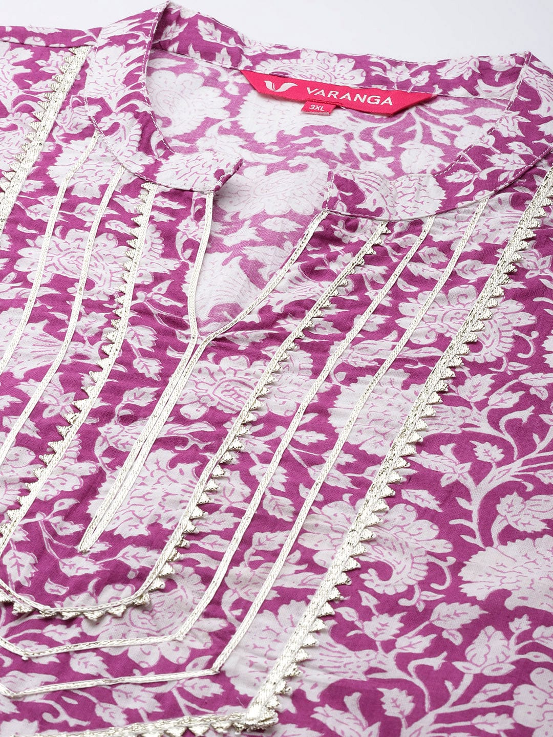 Varanga Women Plus Size Purple & White Floral Embellished Gotta Patti Mandarin Collar Kurta