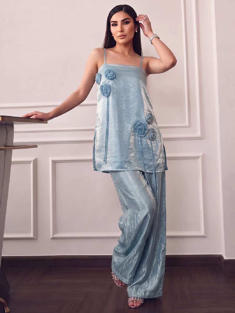 Icy Blue Square-Neck Top With Statement 3D Rose Paired With Wide-Leg Trousers