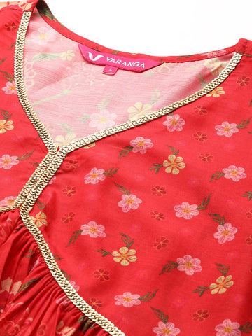 KSUT Women Red Floral Printed Sequin Embellished A-Line Kurta With Three Quater Sleeves