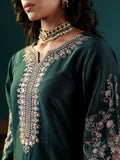 Varanga Women Green Round Neck Yoke Embroidered Straight Kurta With Embroidered Bottom And Contrast Dupatta With Fringes