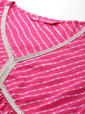 Varanga Women Fuchsia Leheriya Print V-Neck With Lace Detail A Line Kurta  With Bottom And Dupatta.