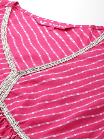 Varanga Women Fuchsia Leheriya Print V-Neck With Lace Detail A Line Kurta With Bottom And Dupatta.