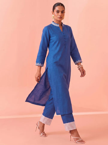 Indigo Blue Embroidered V-Neck Kurta With Polka Dot Detailed Trousers Set
