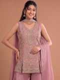 Pink Embroidered Kurta Set Featuring Zari And Sequin Work With A Matching Flared Palazzo And Embellished Dupatta