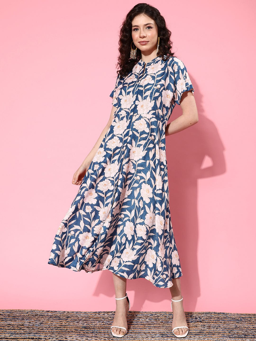 varanga floral print mandarin collar crepe a line midi dress Varanga