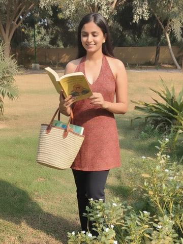 Rust Ajrakh Halter Neck With Crisscross Back Kurti