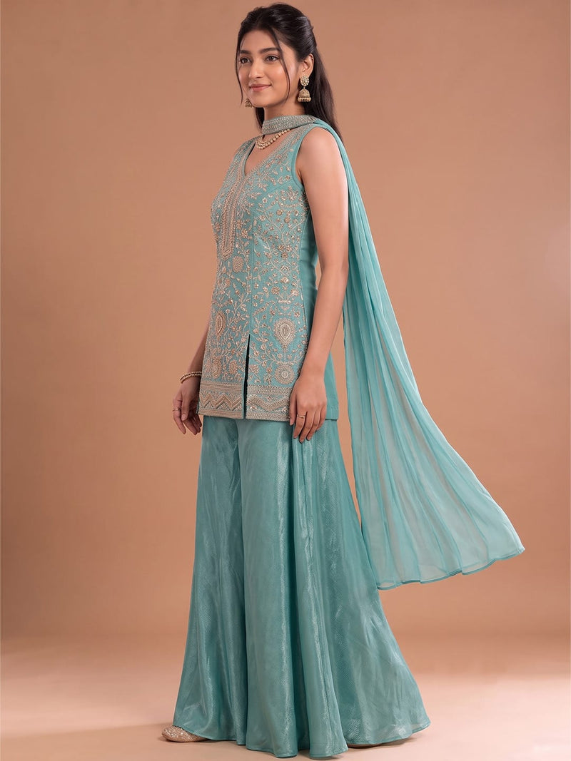 Sea Blue Embroidered Kurta Set Featuring Zari And Sequin Work With A Matching Flared Palazzo And Embellished Dupatta